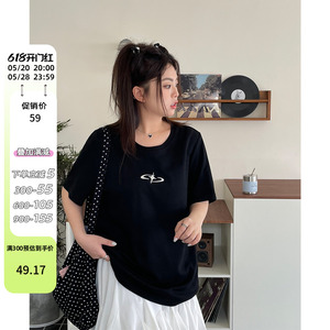 夏季大码女装2024新款美式正肩女短袖t恤200斤胖mm遮肚藏肉上衣潮