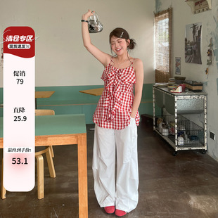 小草宽松定制上衣设计感女小众夏季 胖mm外穿格子韩系chic别致吊带