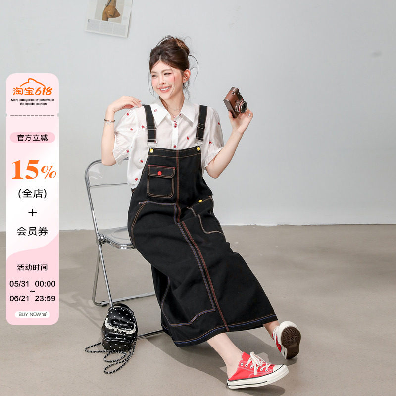 大码女装微胖mm韩系内搭短袖衬衫+牛仔背带连衣裙慵懒风两件套潮