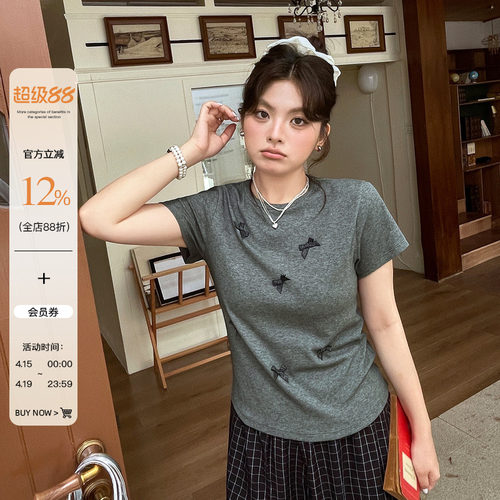 2026夏新款甜美少女正肩大码显瘦短袖胖mm蝴蝶结拼接圆领修身T恤