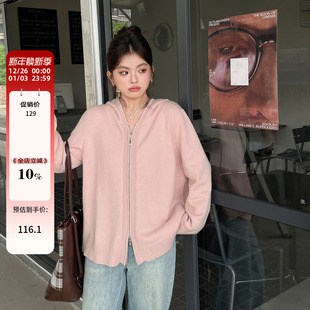 韩系穿搭慵懒风针织开衫 大码 秋冬季 2025新款 胖mm连帽毛衣外套女装