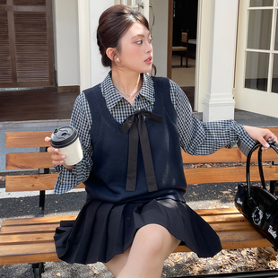 毛衣 氛围感早秋穿搭独特超好看上衣胖mm假两件格子衬衫 大码 女装