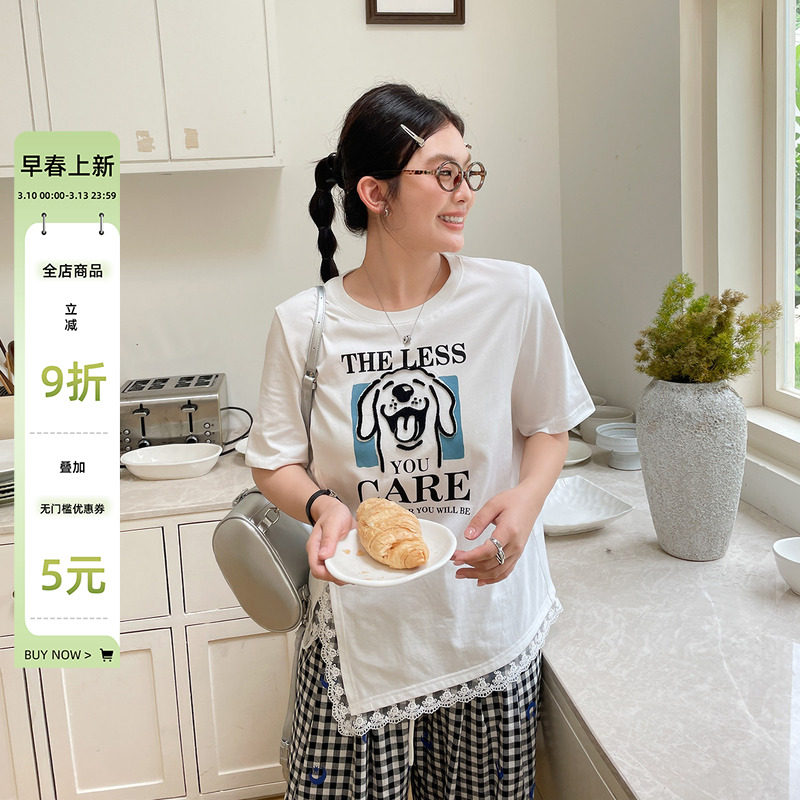 夏装女装2025新款超好看短袖t恤大码胖mm显瘦蕾丝绝美设计感上衣