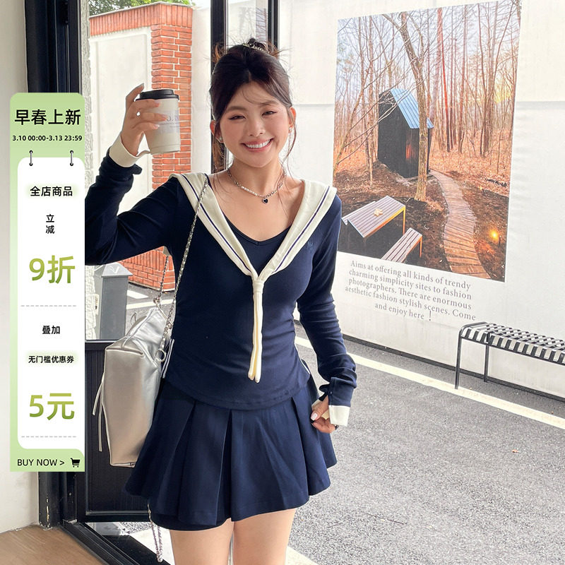 秋季2025新款特别漂亮掐腰上衣大码女装胖mm海军领独特超好看t恤