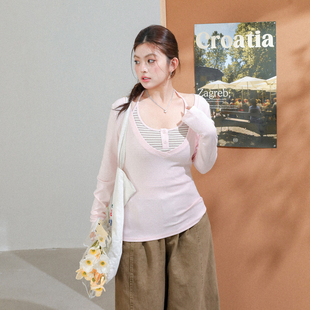 微胖mm粉色韩系长袖 大码 早春显瘦短款 辣妹吊带上衣两件套 t恤套装