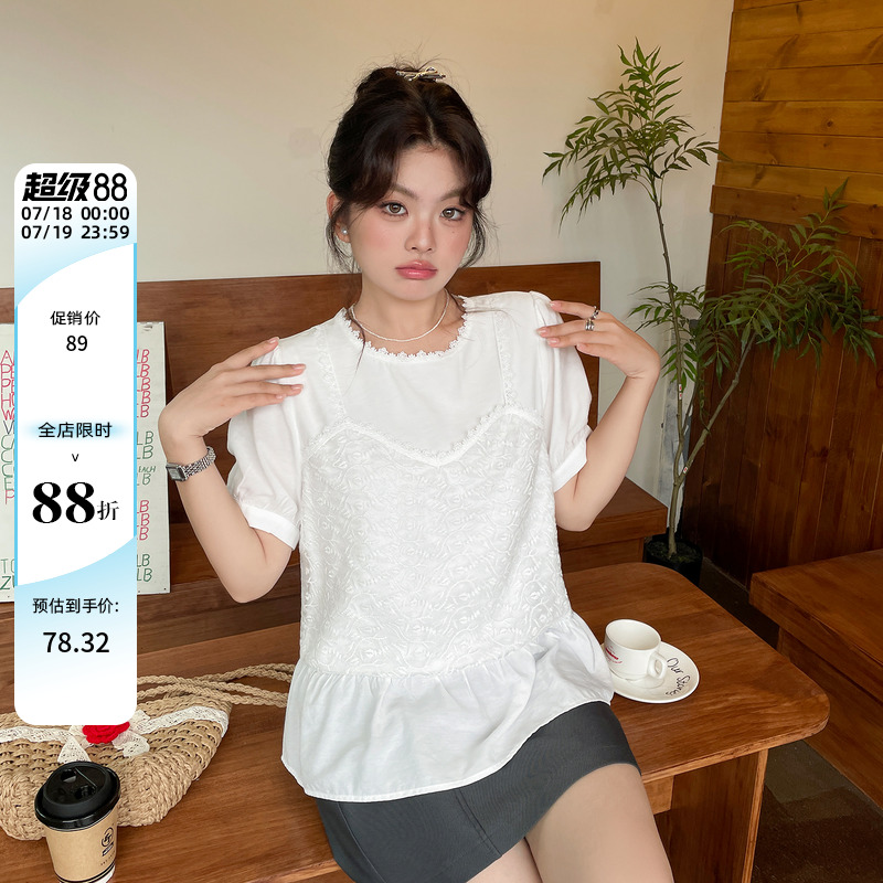 夏季穿搭2025独特超好看t恤胖mm大码女装蕾丝设计感小众绝美上衣