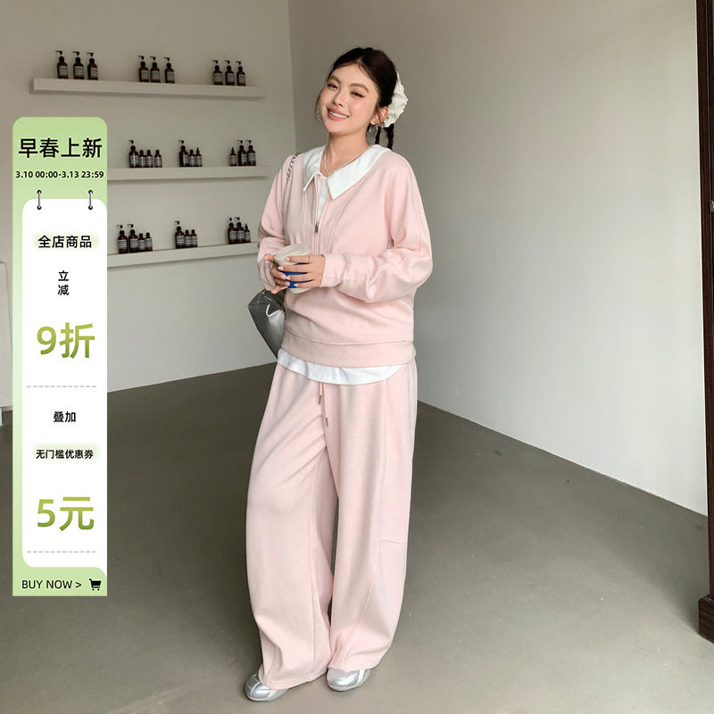 2026超火穿搭一整套韩系休闲套装大码胖mm显瘦衬衫卫衣裤子三件套