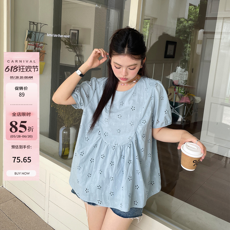 大码女装夏季新款超好看温柔独特上衣胖mm宽松韩系镂空设计感衬衫