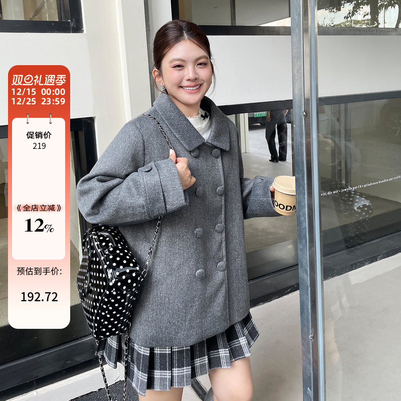 小草宽松定制冬季加厚毛呢外套大码女装胖mm深冬chic韩系西装上衣