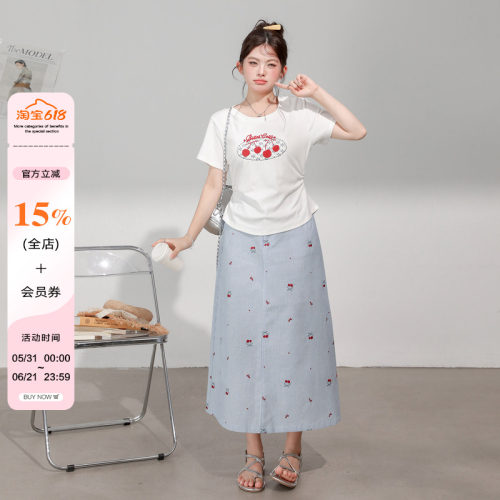 大码胖mm樱桃刺绣正肩短袖T恤遮胯a字半身裙套装胖mm显瘦两件套女