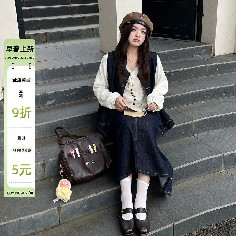 秋冬独特超好看套装大码女装法式衬衫牛仔马甲外套半身裙子三件套