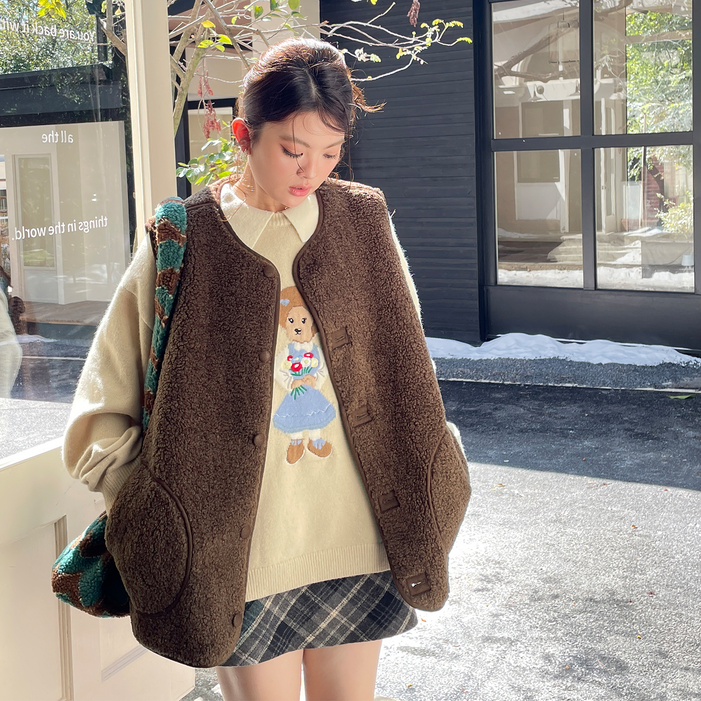 大码女装炸街独特漂亮叠穿羊羔毛马甲冬季加厚外搭马夹背心外套