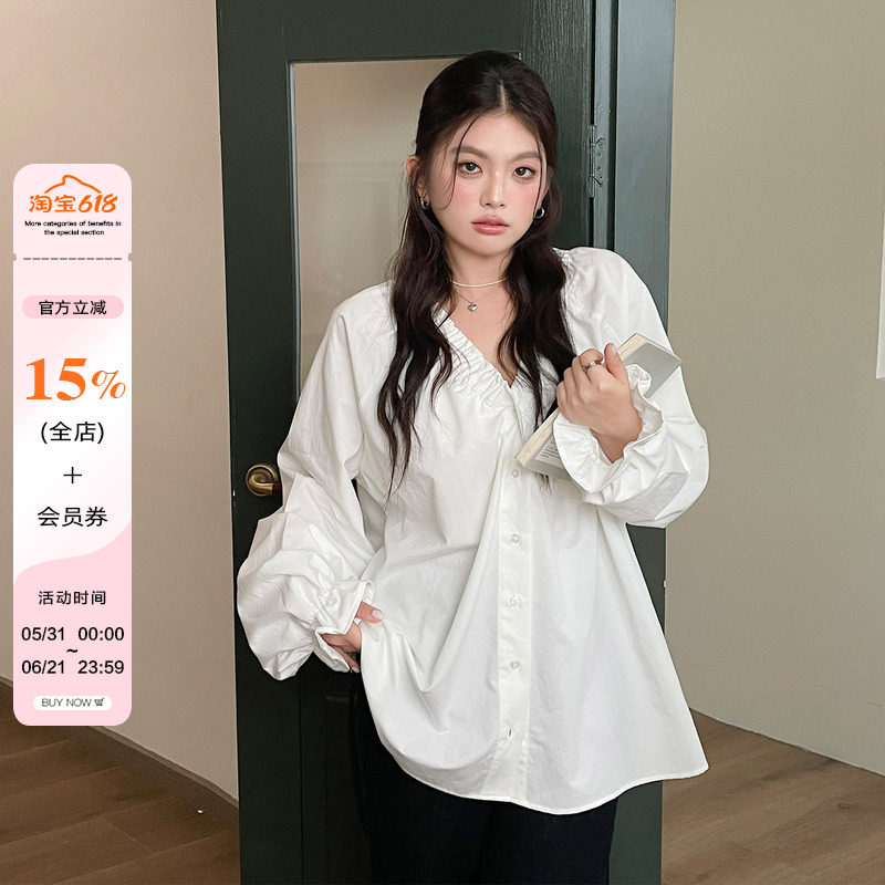 早秋季大码女装法式独特精致v领衬衣胖mm高级感chic别致衬衫上衣
