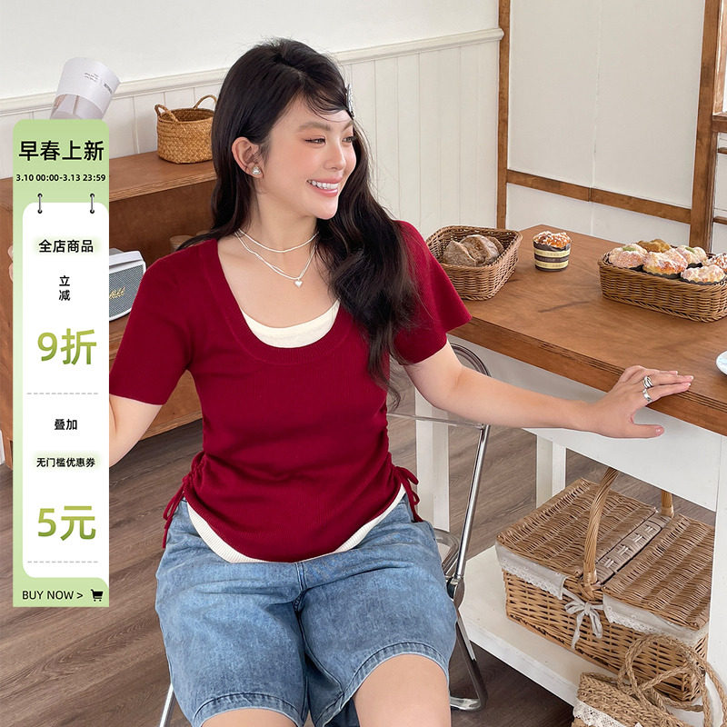 小草微胖定制减龄洋气短袖胖mm大码女装夏季针织特别漂亮掐腰上衣