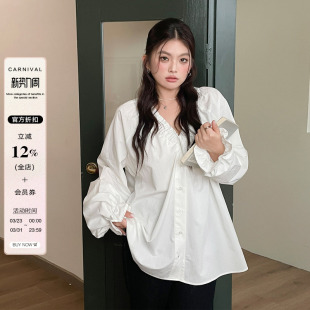 独特精致v领衬衣胖mm高级感chic别致衬衫 早秋季 法式 女装 上衣 大码