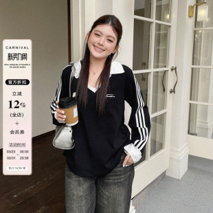春装 学院风美式 女款 T恤早春新款 显瘦上衣 2026条纹v领正肩长袖 大码