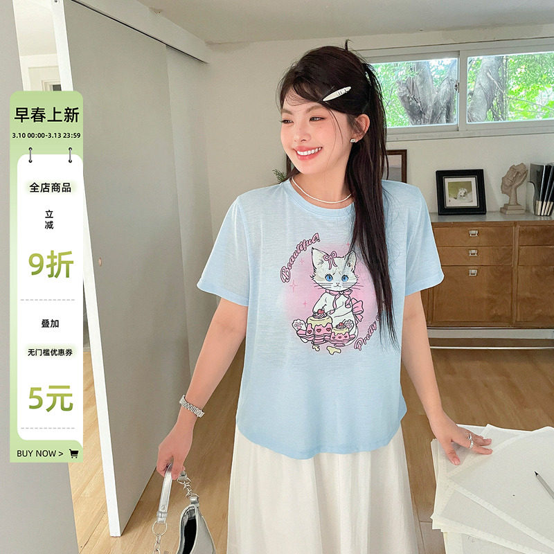 夏装女装2025新款正肩绝美短款t恤胖mm大码可爱减龄漂亮别致上衣