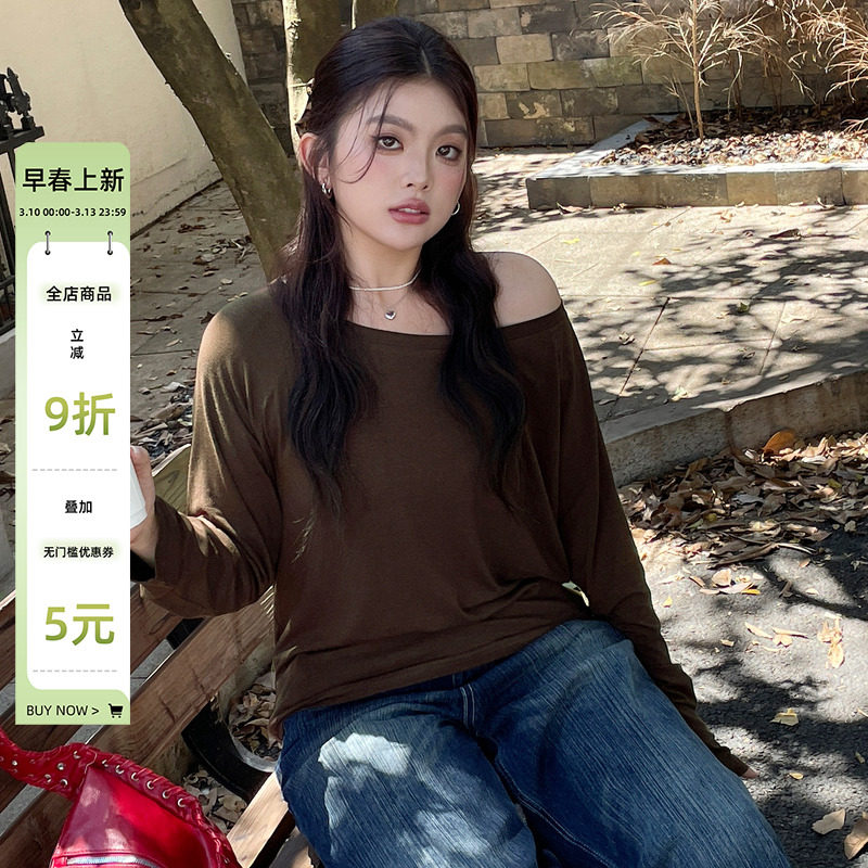 大码女装2025新款巨好看的早秋斜肩上衣胖mm韩系显瘦遮肚长袖t恤