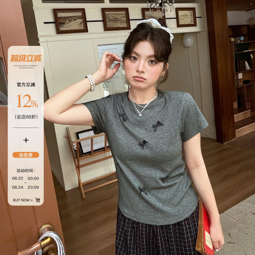 2026夏新款甜美少女正肩大码显瘦短袖胖mm蝴蝶结拼接圆领修身T恤