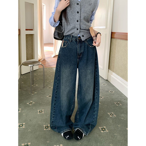 大码复古加绒阔腿牛仔裤女2025年冬季胯大腿粗胖mm高腰显瘦拖地裤