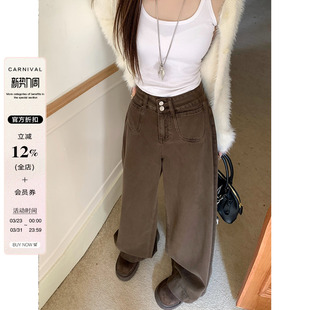 女装 大码 美式 复古高腰牛仔裤 潮 春季 胖mm显瘦休闲宽松阔腿裤 新款