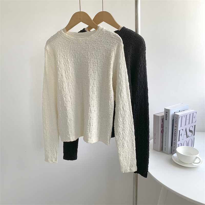 温柔米杏色褶皱感设计圆领长袖打底衫女美式纯欲风气质现代舞上衣