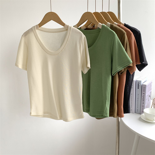 白富美短袖U领纯色T恤女温柔色系夏季薄款微透上衣休闲打底衫韩版