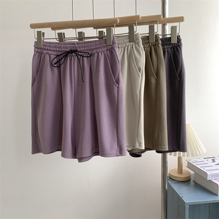粉紫色铜氨丝五分阔腿短裤高腰宽松男友风休闲薄款垂坠百搭运动裤