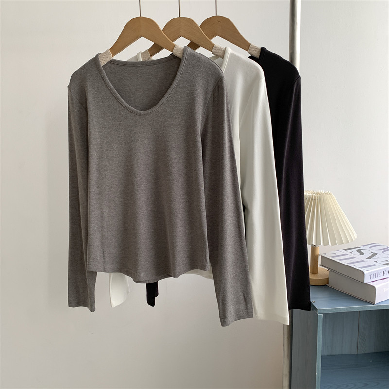 2024早秋鹅蛋U领长袖打底衫上衣女纯欲风修身弹力舞蹈服T恤女,女装/女士精品,T恤,淘宝优惠券,粉丝福利购,淘宝优惠卷