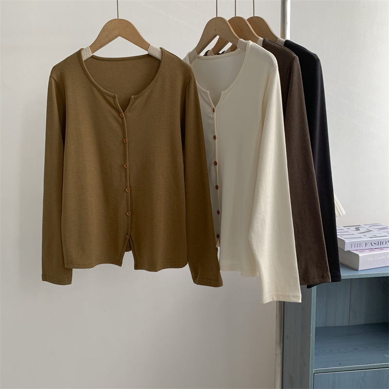 设计感纽扣小开衫长袖T恤天丝棉早秋百搭显瘦内搭软糯打底衫上衣