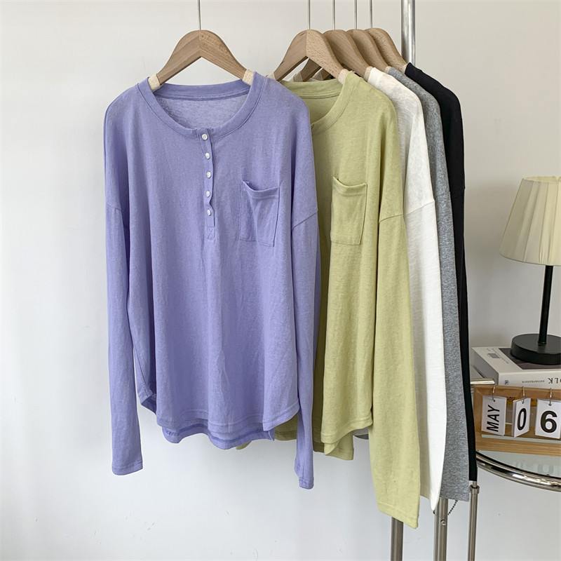 纽扣设计感扣雪花透视长袖防晒衣女夏季宽松圆领套头纯色空调衫女