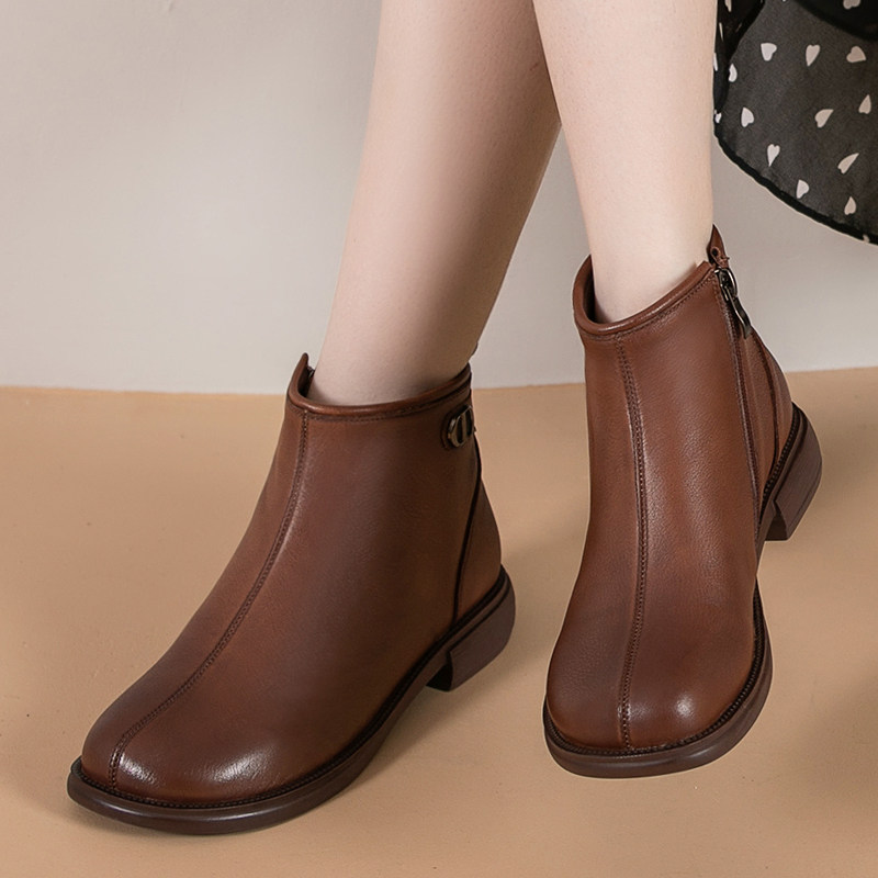 短靴女软底秋冬季加绒软皮棉靴妈妈鞋圆头防滑平底女靴子真皮大码