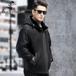 美利奴羊皮毛一体男短款 保暖休闲外套 连帽真皮皮衣宽肩皮夹克厚款