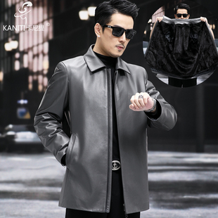高端牛皮真皮皮衣男款 暖御寒中年外套 尼克服翻领商务休闲保中长款