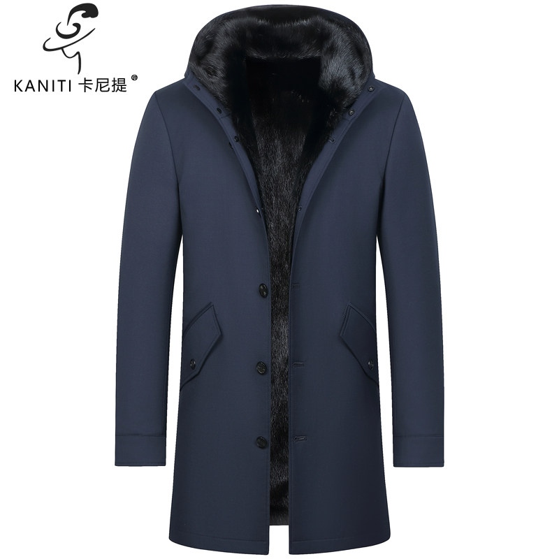 卡尼提进口水貂内胆男士连帽派克服大衣貂皮毛一体皮草外套单排扣