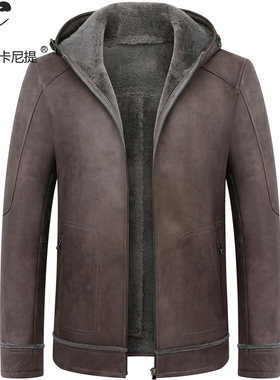 土耳其羊皮毛一体男连帽真皮皮衣休闲外套厚款短款灰色皮夹克