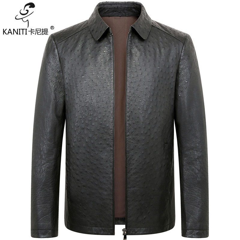 鸵鸟皮真皮皮衣翻领短款皮夹克休闲外套男士中年正装单皮秋冬2021