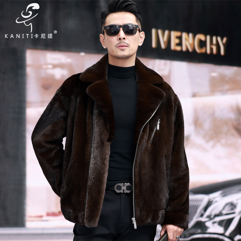 时尚潮流机车款男真皮皮草貂皮夹克斜门襟水貂皮毛一体休闲年轻款