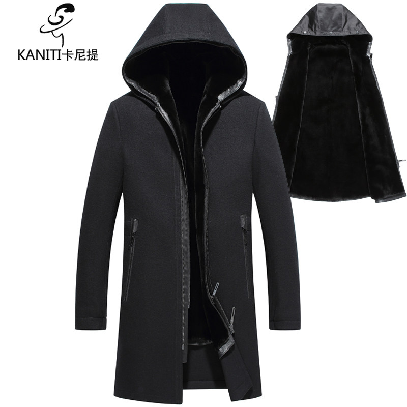 高端男装貂皮剪绒尼克服水貂内胆羊毛呢大衣连帽中长款皮毛一体
