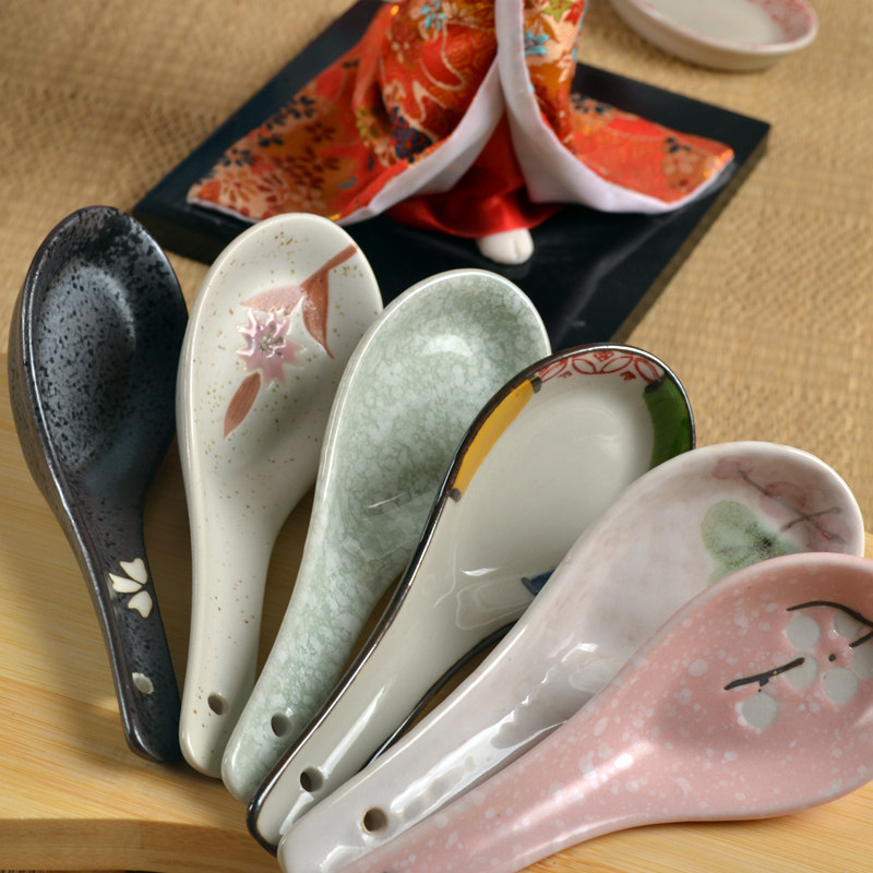 二针勺汤勺家用调羹日式勺子汤匙小勺陶瓷勺中式餐厅用古朴樱花勺_虎窝淘