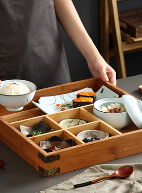 日式创意多格餐具木质陶瓷组合餐盘餐厅用六宫格木盒子分格多用
