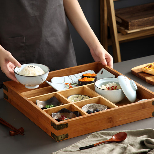 日式多格陶瓷组合木盒子餐具