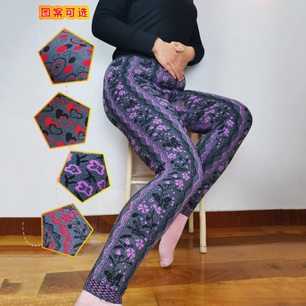 中老年女士羊毛裤蝴蝶碎花朵保暖花裤子红色紫色内穿针织新款甜美