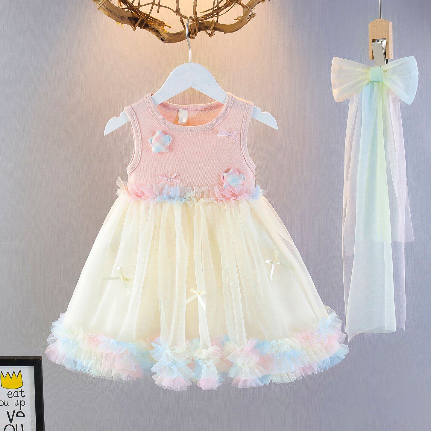 女童夏季彩色网纱连衣裙女宝宝公主裙+发饰蓬蓬裙粉色甜美风裙子