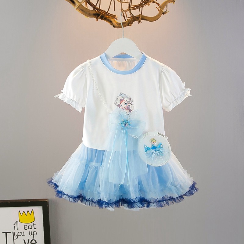 女童夏季短袖套装2025新款宝宝洋气爱莎公主T恤半身裙裤两件套裙