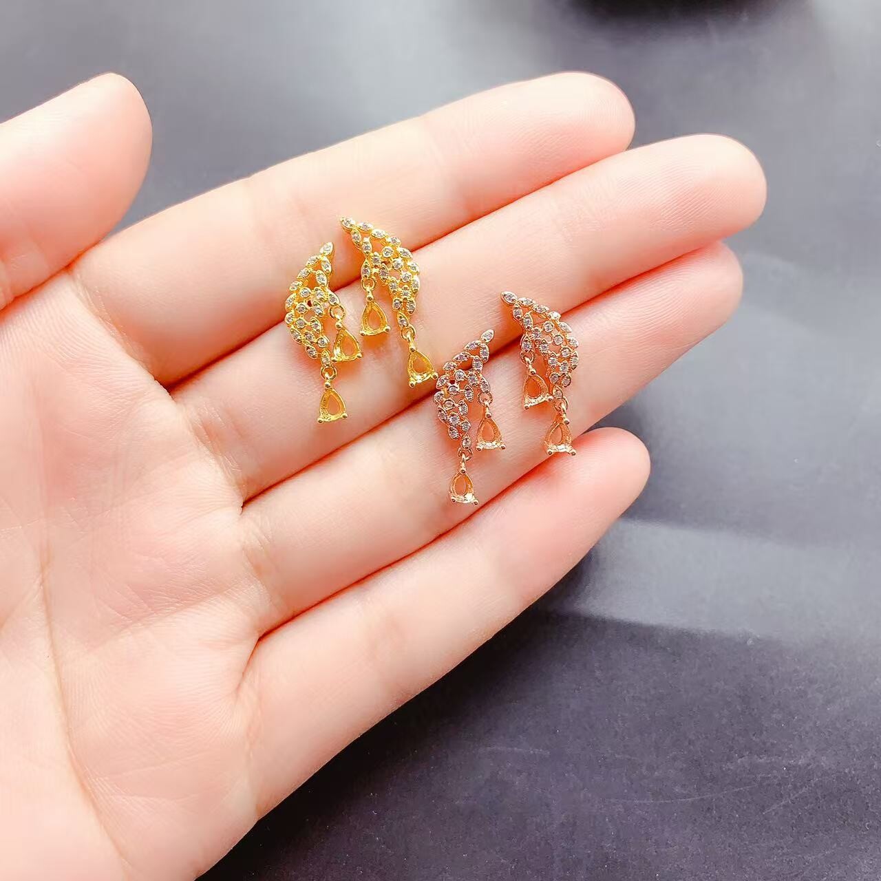 精工S925纯银耳钉托耳环空托水滴3x4m未镶嵌宝石流苏18K蝴蝶女