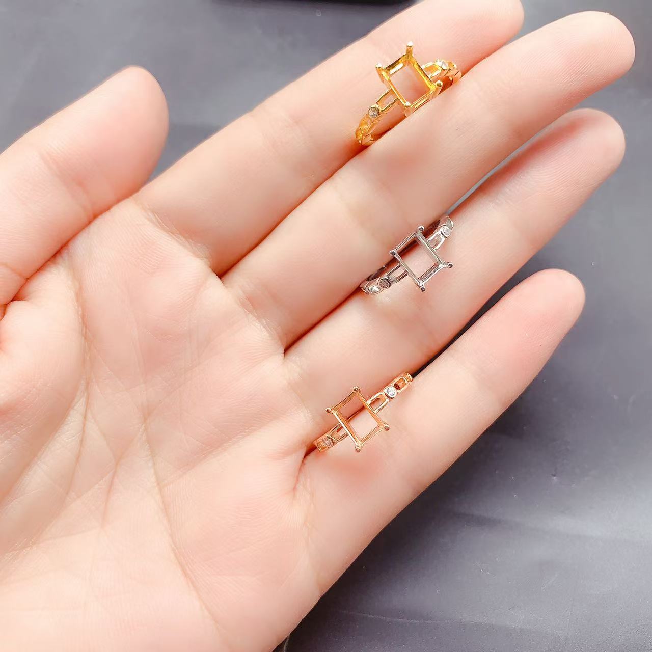 925银三色戒指空托长方形4*6mm