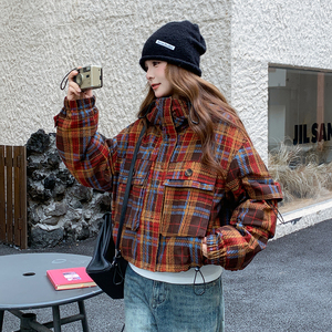 美式复古格纹连帽派克服女2025冬新款洋气炸街小个子加厚棉服外套图片
