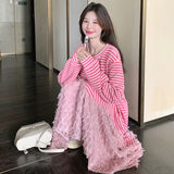 长袖条纹韩版可爱风拼接连衣裙中长款秋季甜美连袖，女装连衣裙，2C103