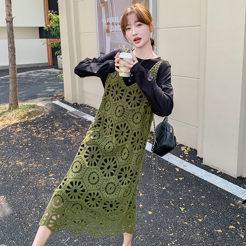 黑色镂空背带连衣裙女2025春季新款时尚减龄休闲叠穿罩衫两件套装,女装套装/套裙,2C103